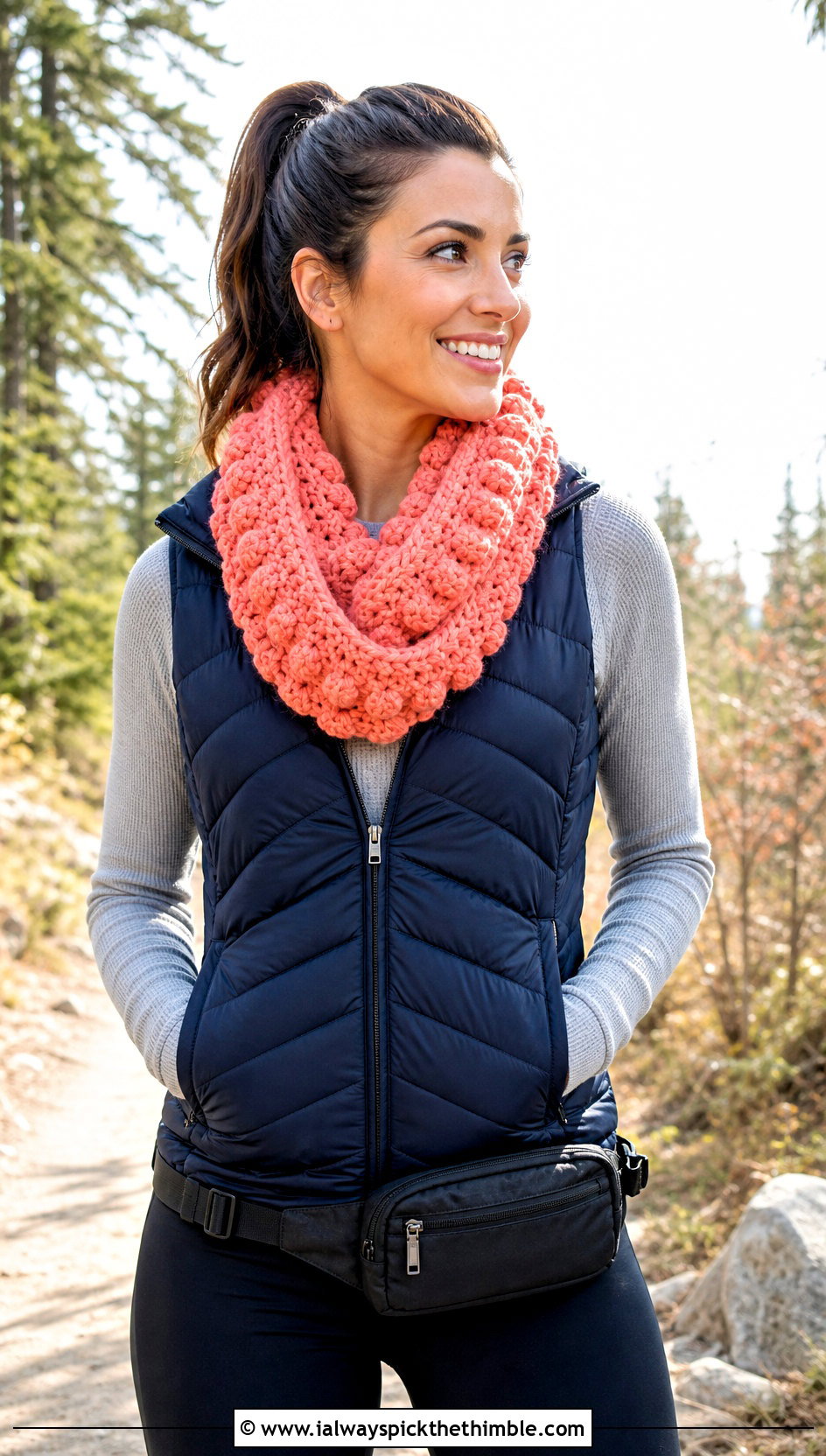 Bobble Stitch Crochet Infinity Scarf With Puffer Vest - 20 easy crochet infinity scarf outfit ideas