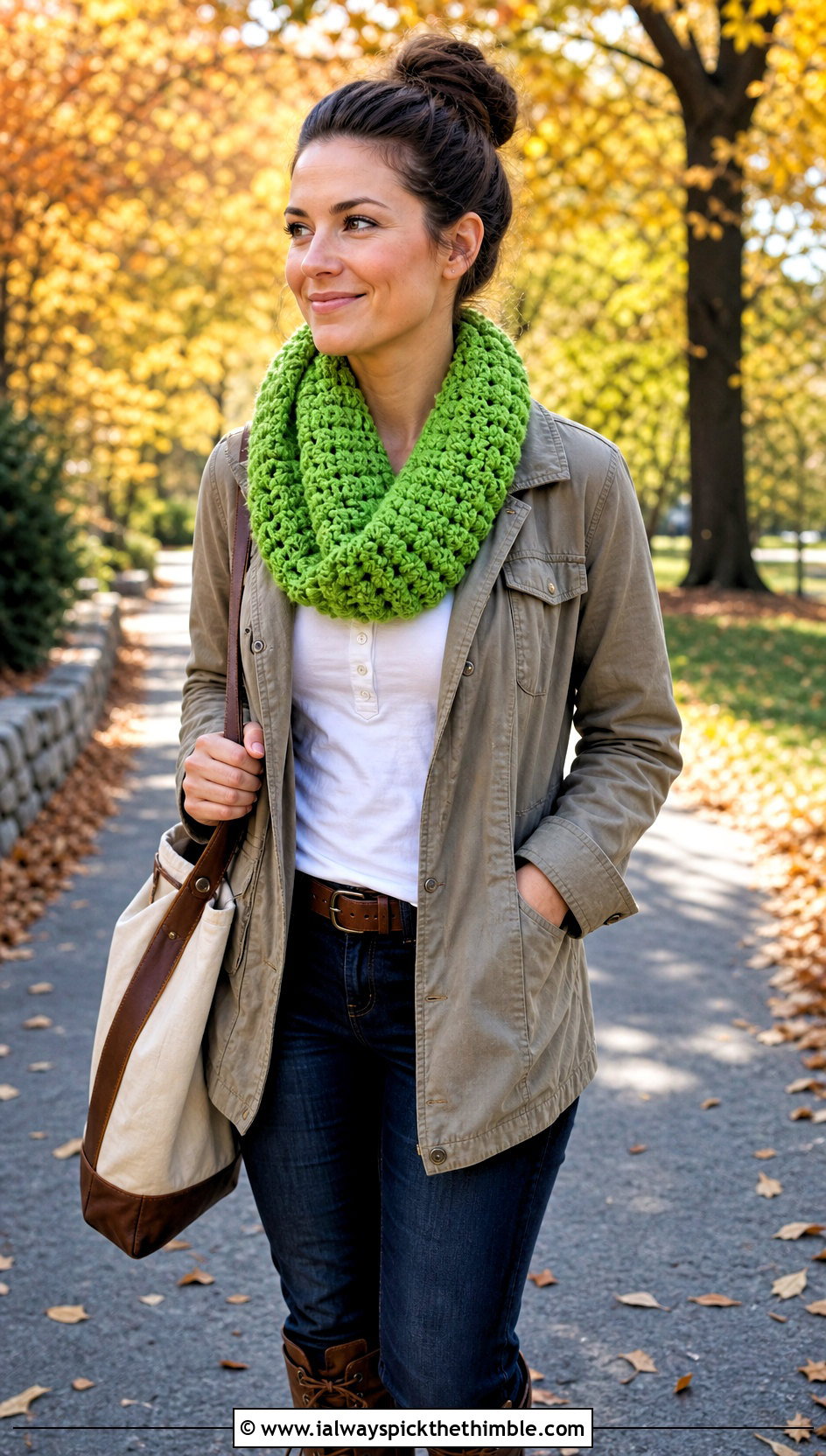 Bobble Stitch Crochet Infinity Scarf With Utility Jacket - 20 crochet infinity scarves outfit ideas