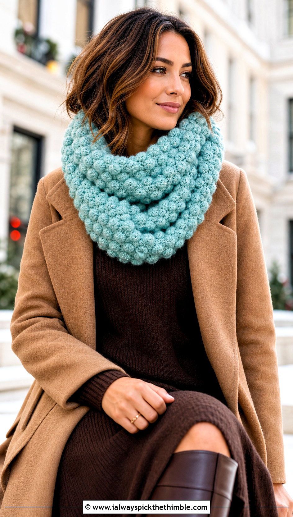Bobble Stitch Crochet Infinity Scarf With Wool Coat And Sweater Dress - 15 Crochet Infinity Scarf On Hanger outfit ideas