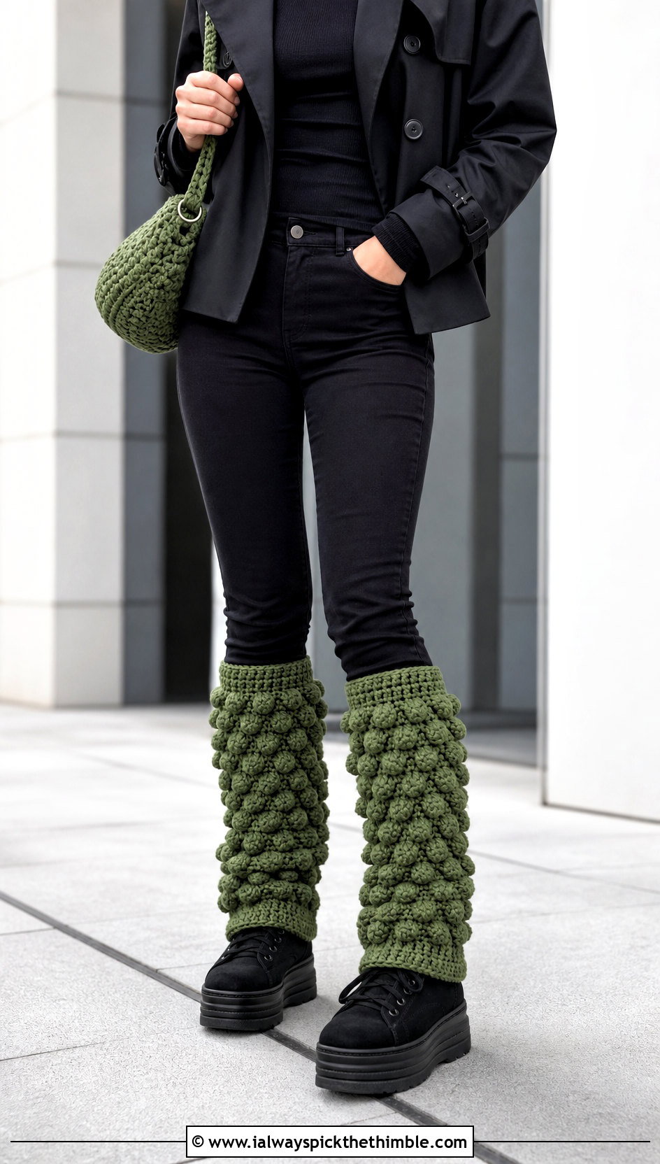 Bobble Stitch Crochet Leg Warmers With A Monochrome Outfit - 25 crochet leg warmer outfit ideas