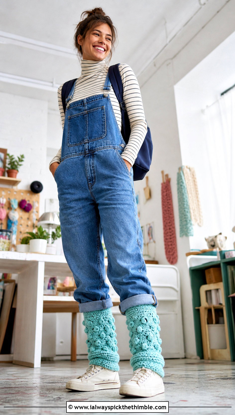 Bobble Stitch Crochet Leg Warmers With Denim Overalls - 25 Easy Crochet Leg Warmers outfit ideas