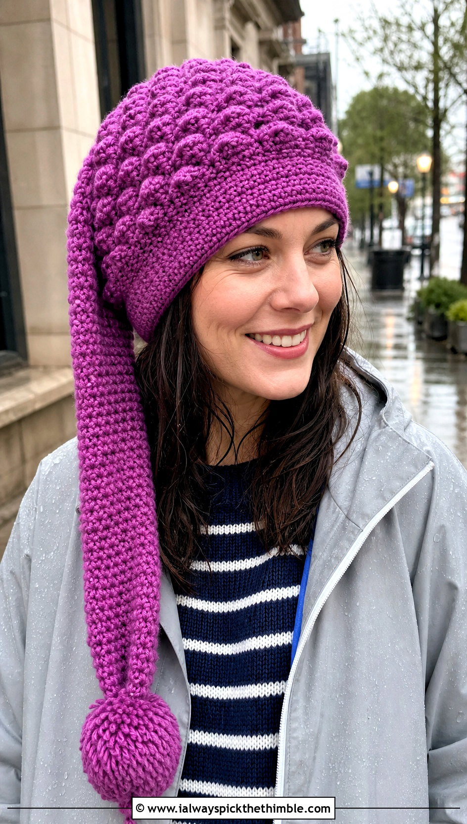 Bobble Stitch Crochet Long Stocking Cap With Raincoat - 20 Crochet Long Stocking Cap outfit ideas
