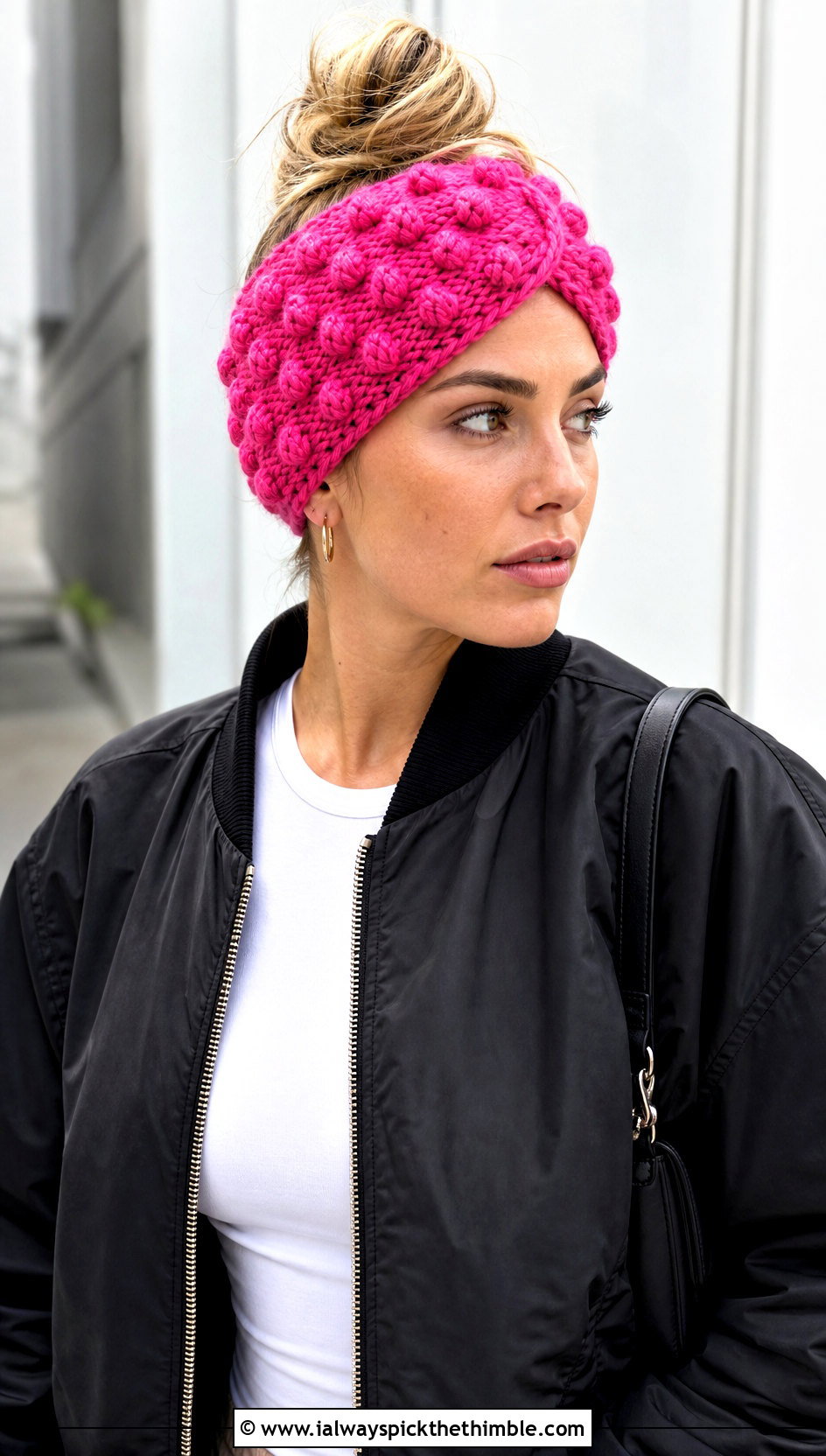 Bobble Stitch Crochet Messy Bun Ear Warmer With Bomber Jacket - 20 Crochet Messy Bun Ear Warmer outfit ideas
