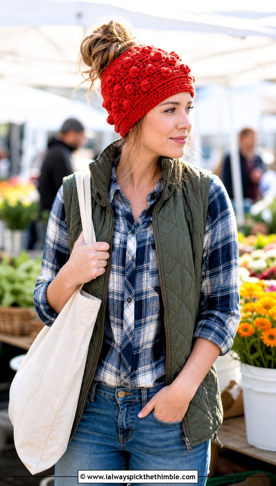 Bobble Stitch Crochet Messy Bun Hat With Elastic And Quilted Vest - 20 Crochet Messy Bun Hat With Elastic outfit ideas