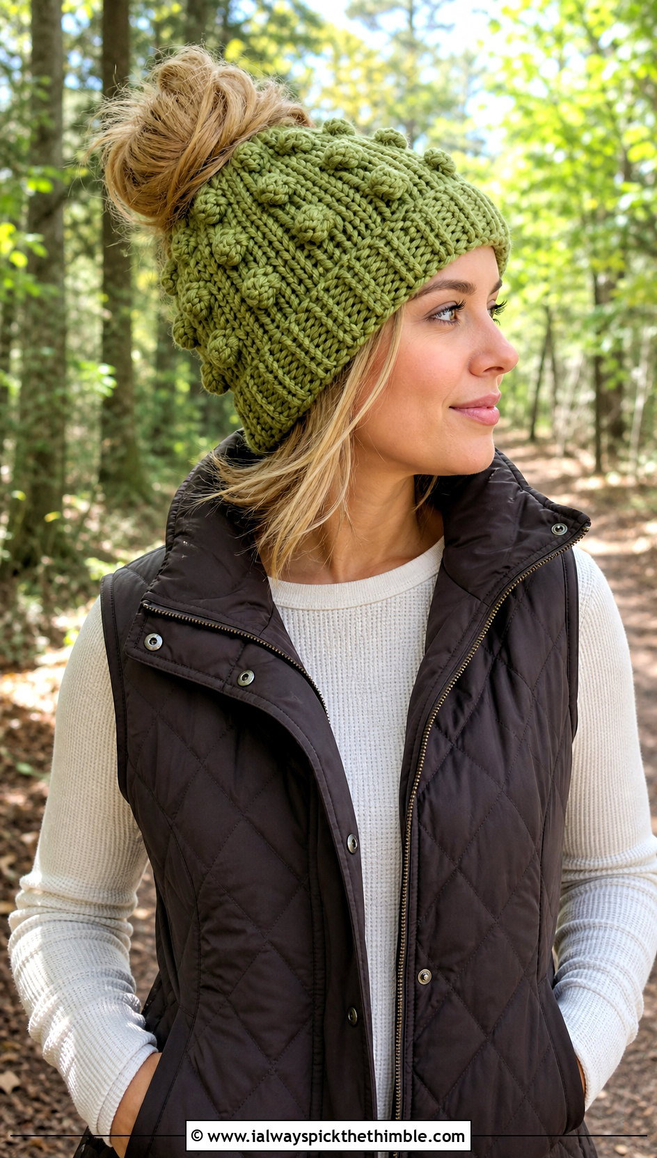 Bobble Stitch Crochet Messy Bun Hat With Quilted Vest - 20 Crochet Messy Bun Hat Bulky Yarn outfit ideas