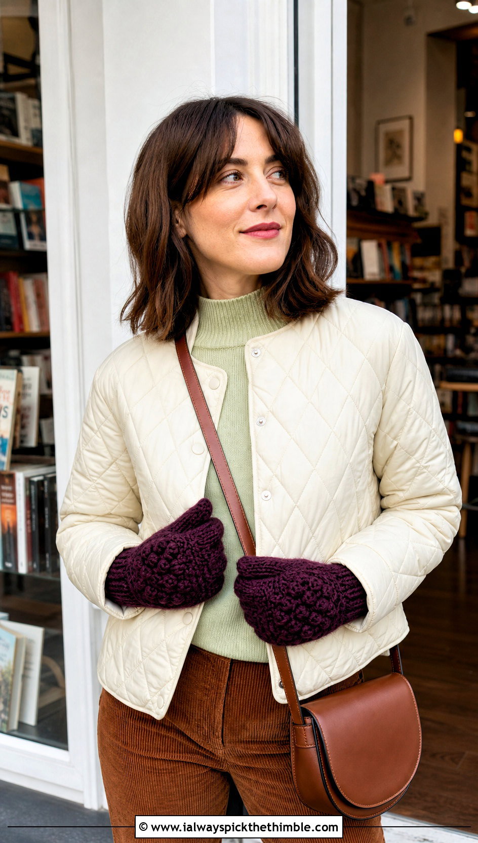 Bobble Stitch Crochet Mittens With Corduroy Pants - 20 Simple Crochet Mittens outfit ideas