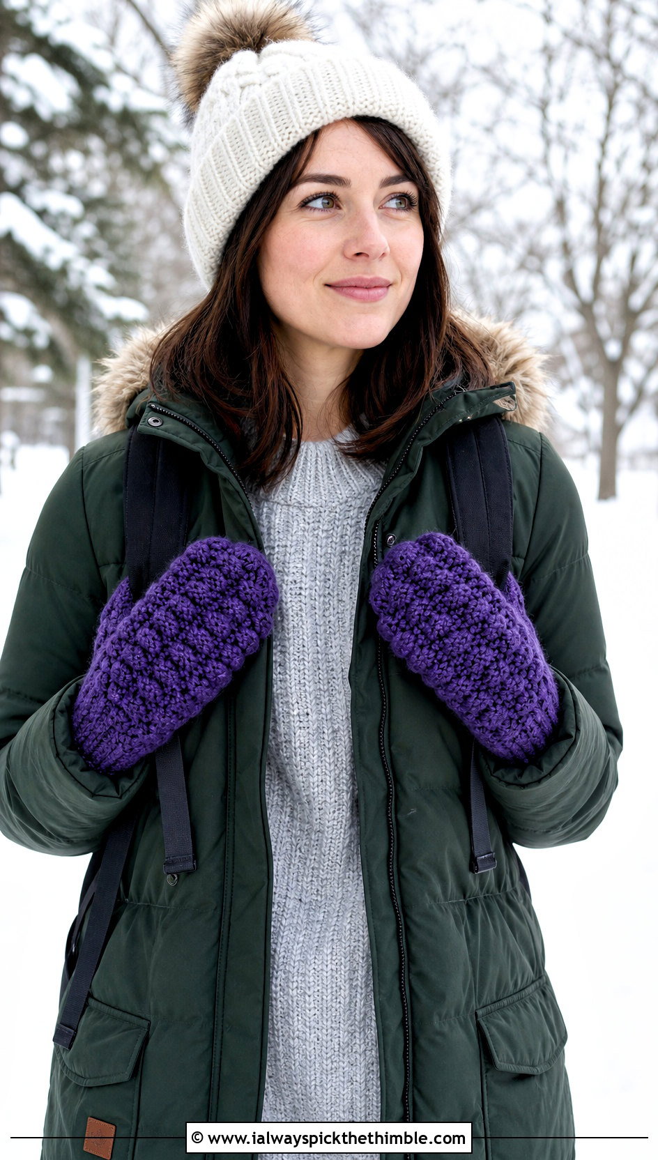 Bobble Stitch Crochet Mittens With Parka - 20 crochet hand mittens outfit ideas