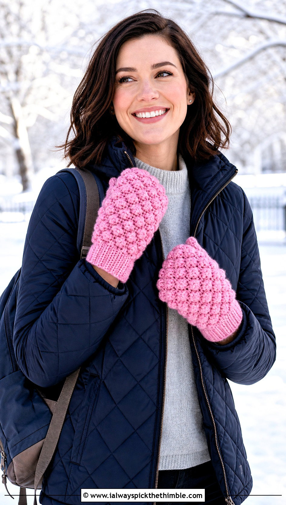 Bobble Stitch Crochet Mittens With Quilted Jacket - 25 crochet gloves outfit ideas