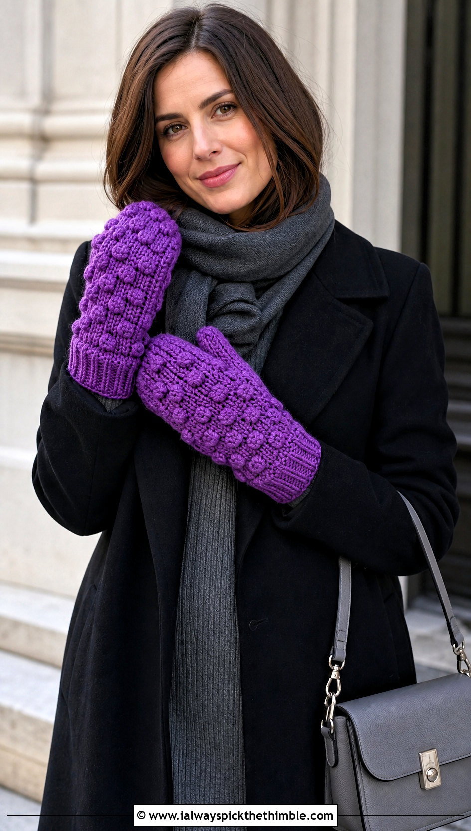Bobble Stitch Crochet Mittens With Sweater Dress - 20 women crochet mittens outfit ideas