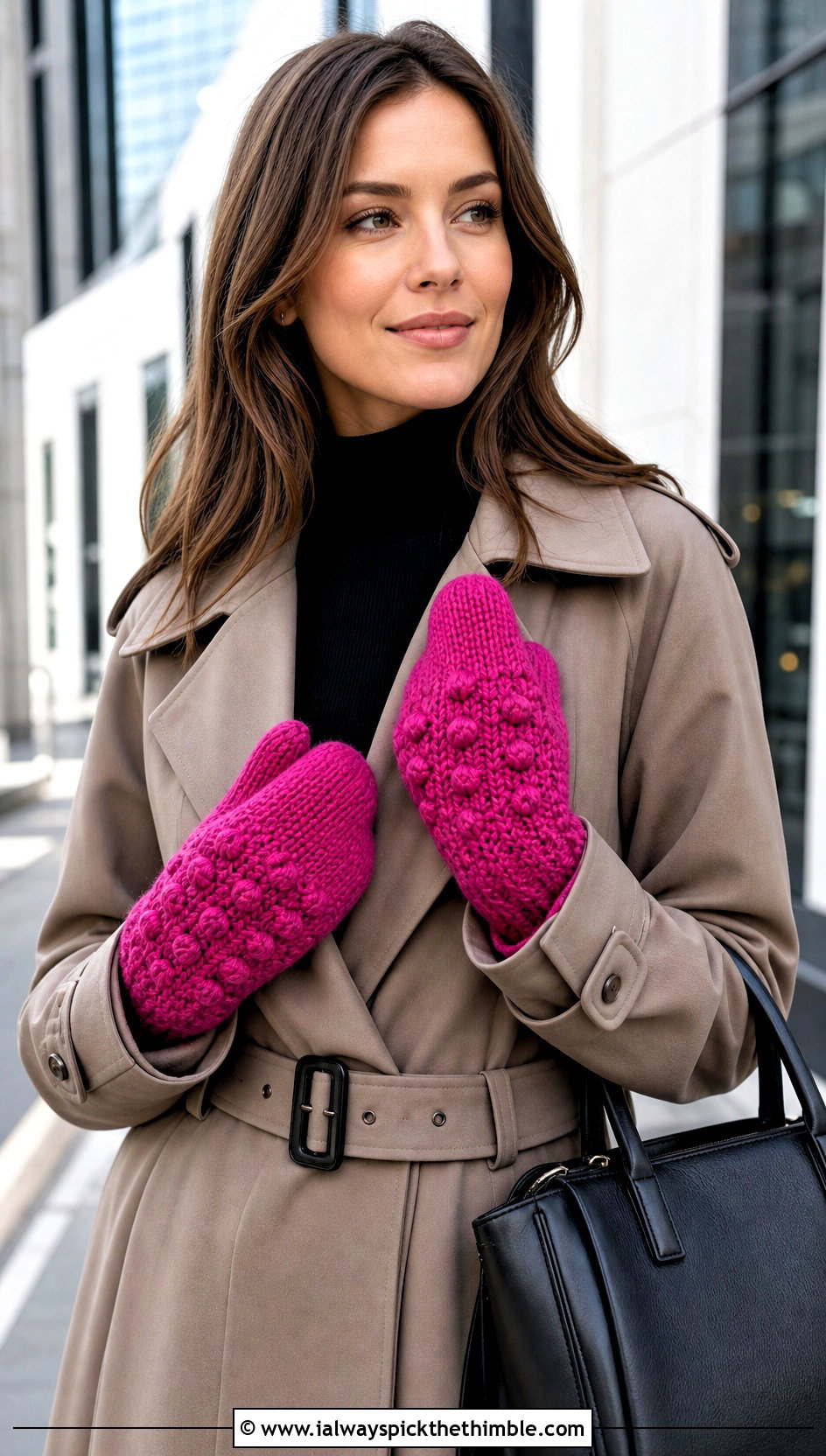 Bobble Stitch Crochet Mittens With Trench Coat - 15 Crochet Mittens With Fleece Lining outfit ideas