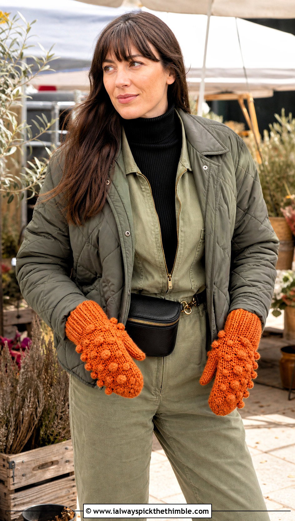Bobble Stitch Crochet Mittens With Utility Jumpsuit - 25 crochet mittens outfit ideas
