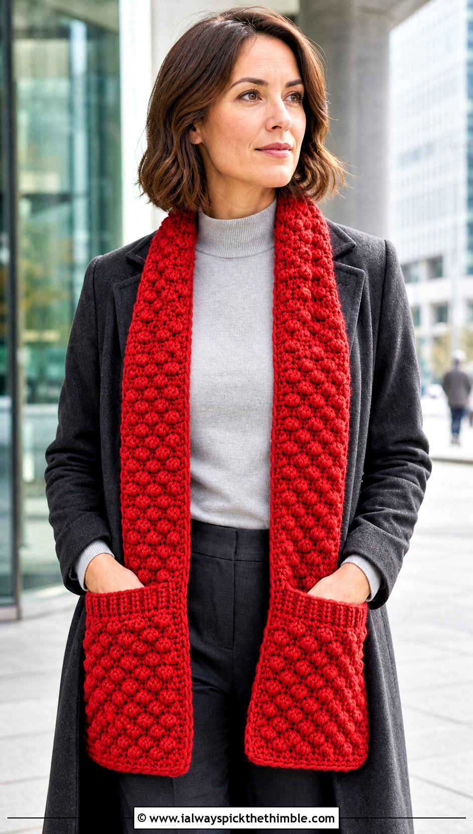 Bobble Stitch Crochet Pocket Scarf With Tailored Coat - 15 Crochet Scarf With Hand Pockets outfit ideas