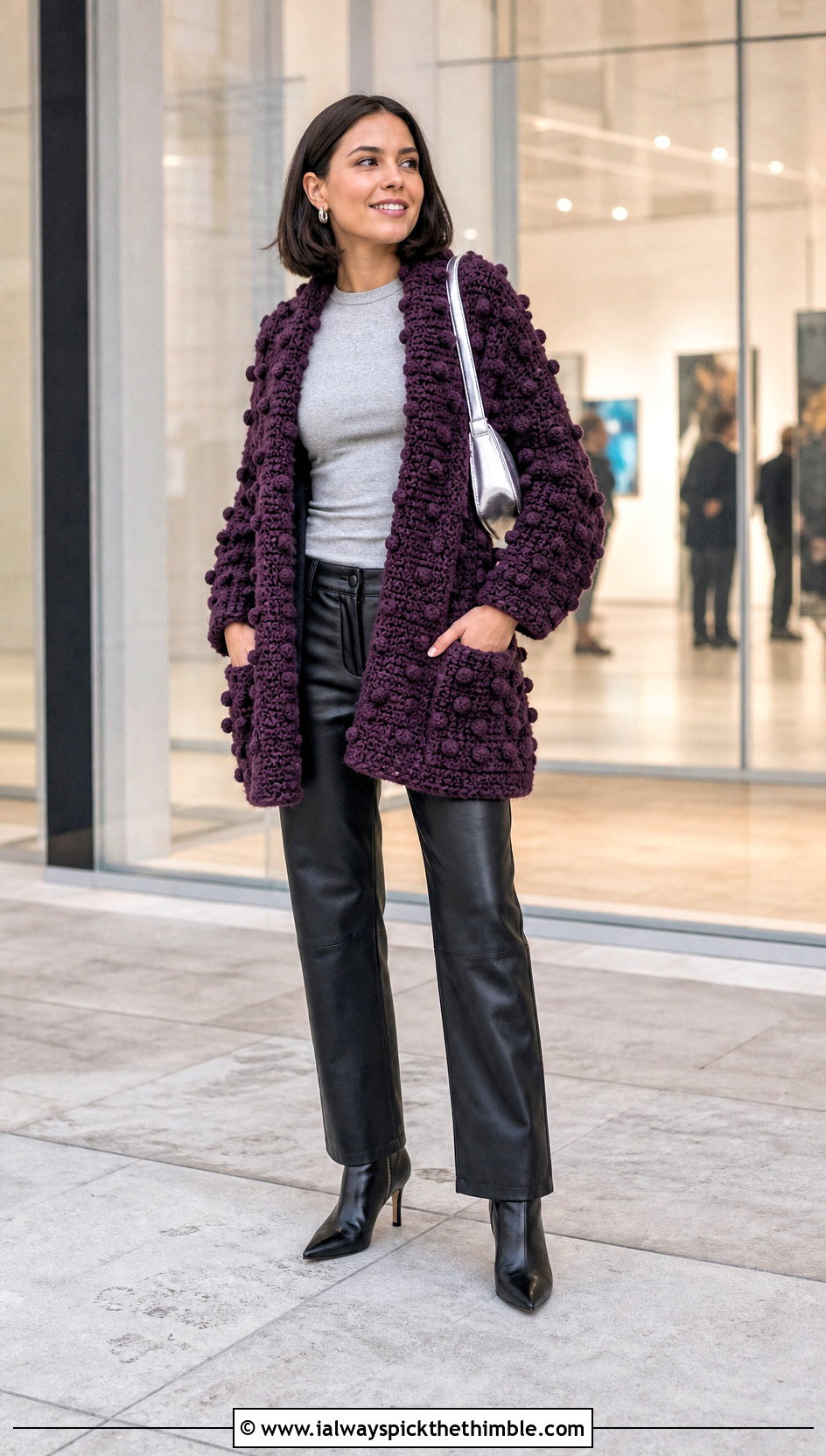 Bobble Stitch Crochet Pocket Shawl With Leather Pants - 25 crochet pocket shawl outfit ideas