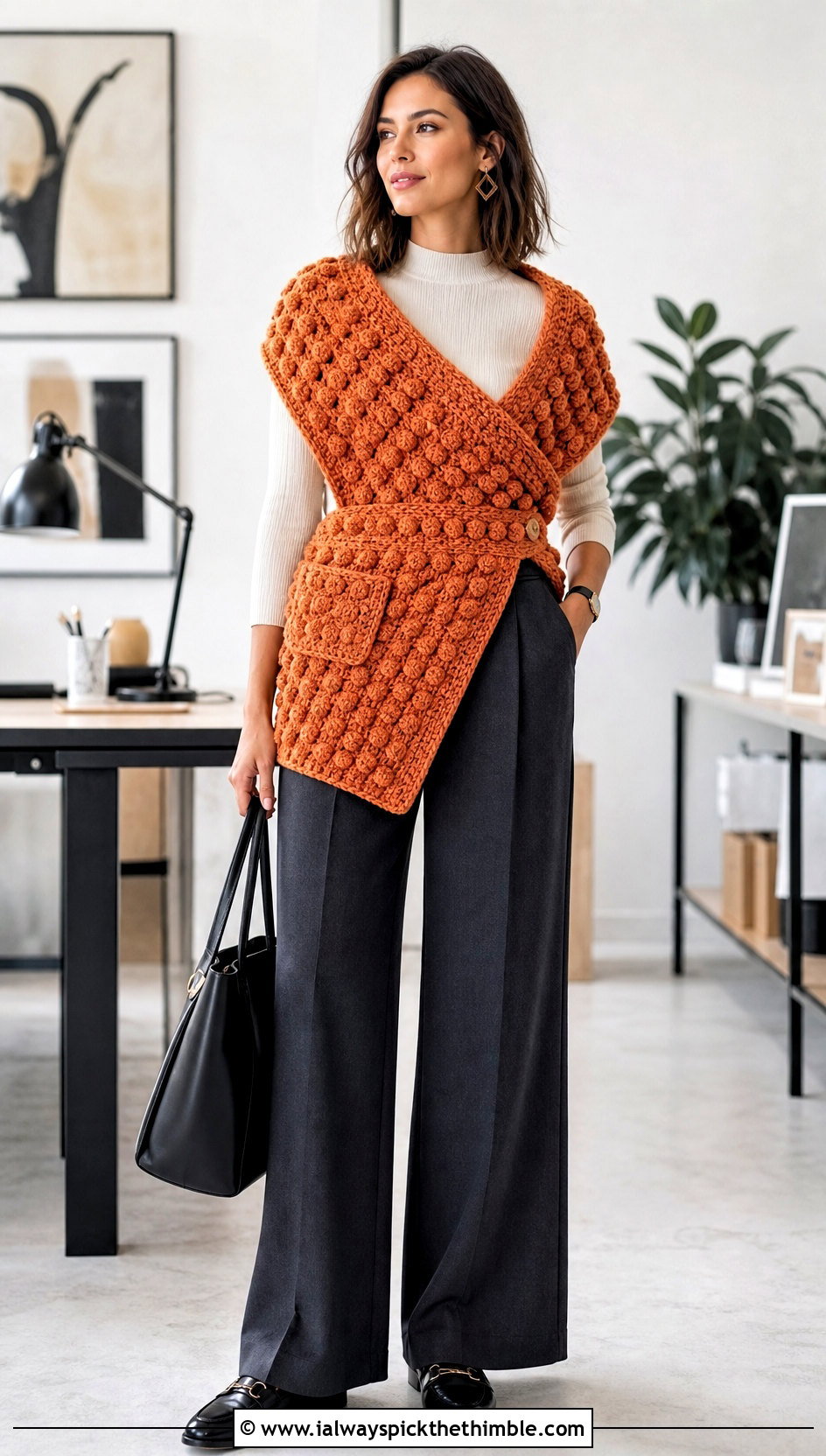 Bobble Stitch Crochet Pocket Wrap With Wide Leg Trousers - 20 Crochet Pocket Wrap outfit ideas