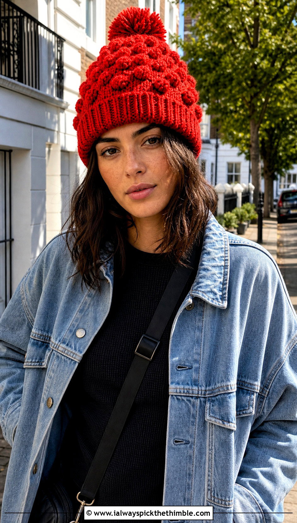 Bobble Stitch Crochet Pom Pom Beanie With Denim Jacket - 20 crochet beanie with pom pom outfit ideas
