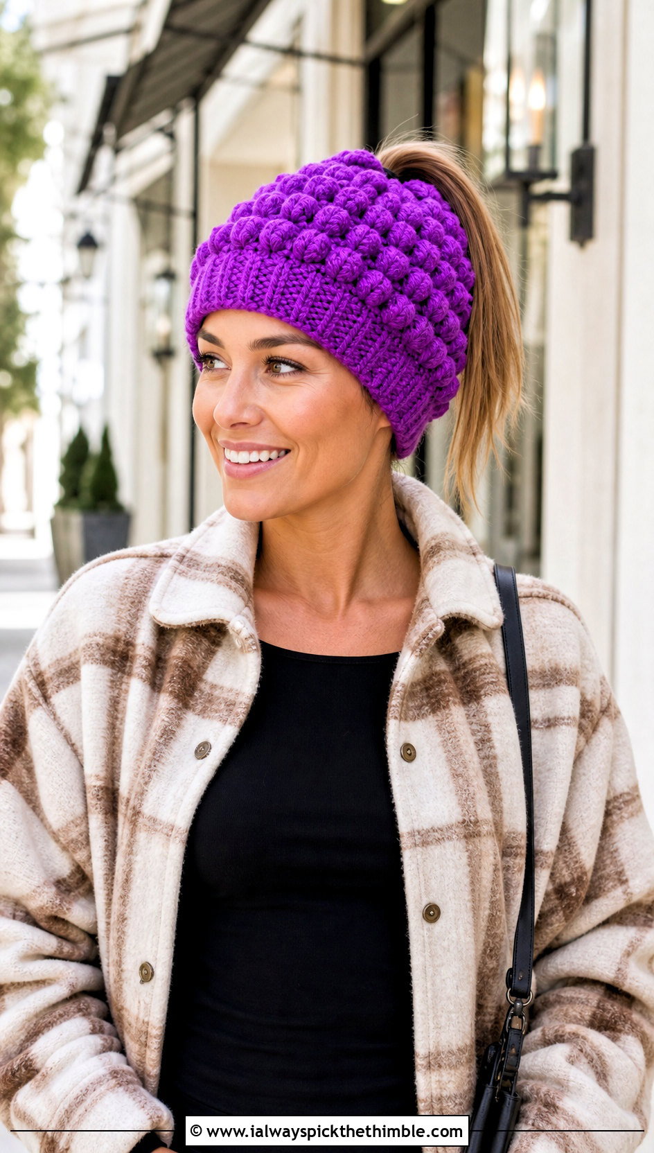 Bobble Stitch Crochet Ponytail Beanie With Shacket - 20 Crochet Beanie With Ponytail Hole Hat outfit ideas