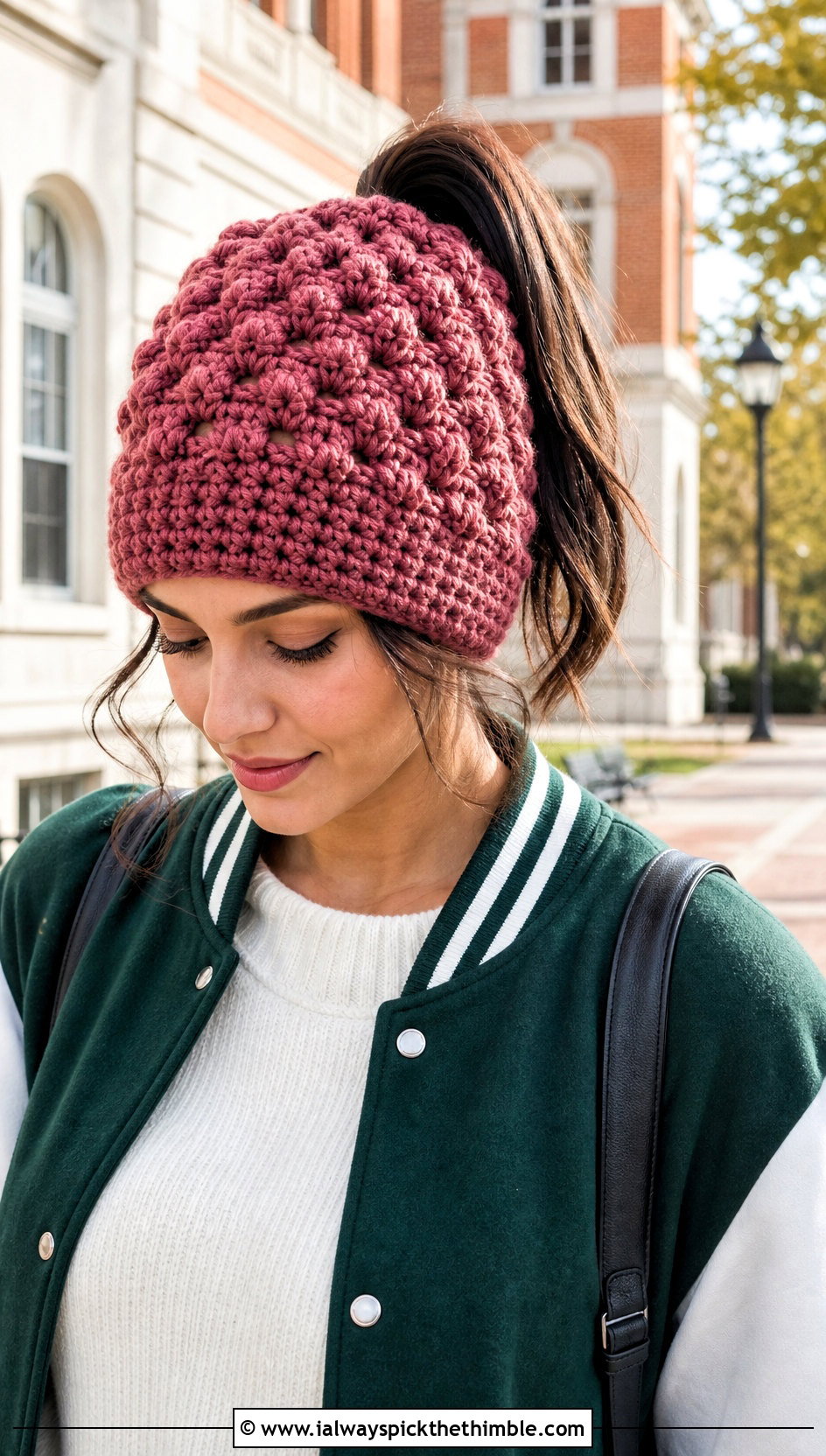 Bobble Stitch Crochet Ponytail Beanie With Varsity Jacket - 20 Crochet Ponytail Beanie outfit ideas