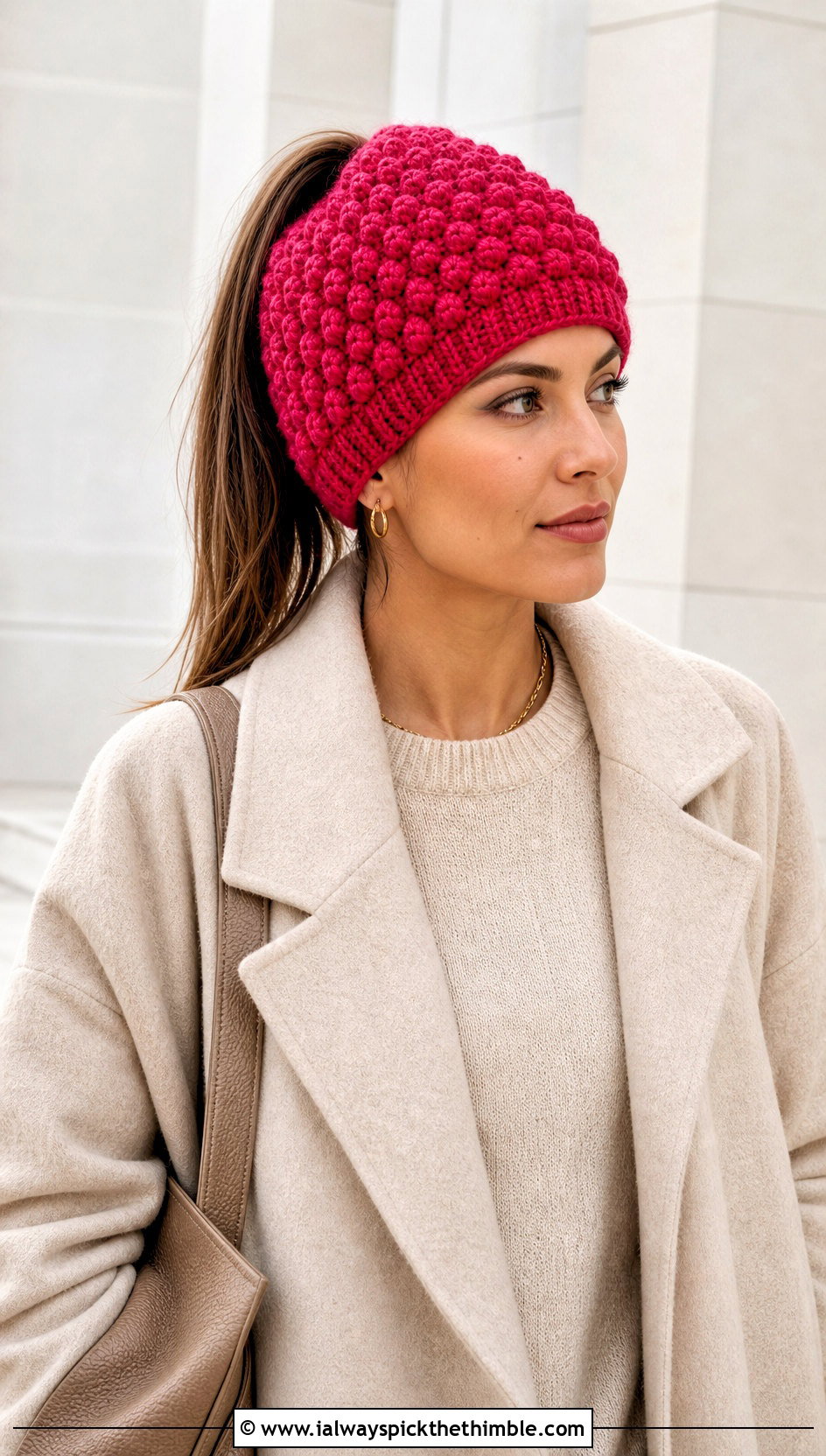 Bobble Stitch Crochet Ponytail Hat With Monochrome Outfit - 20 crochet hat with ponytail hole outfit ideas
