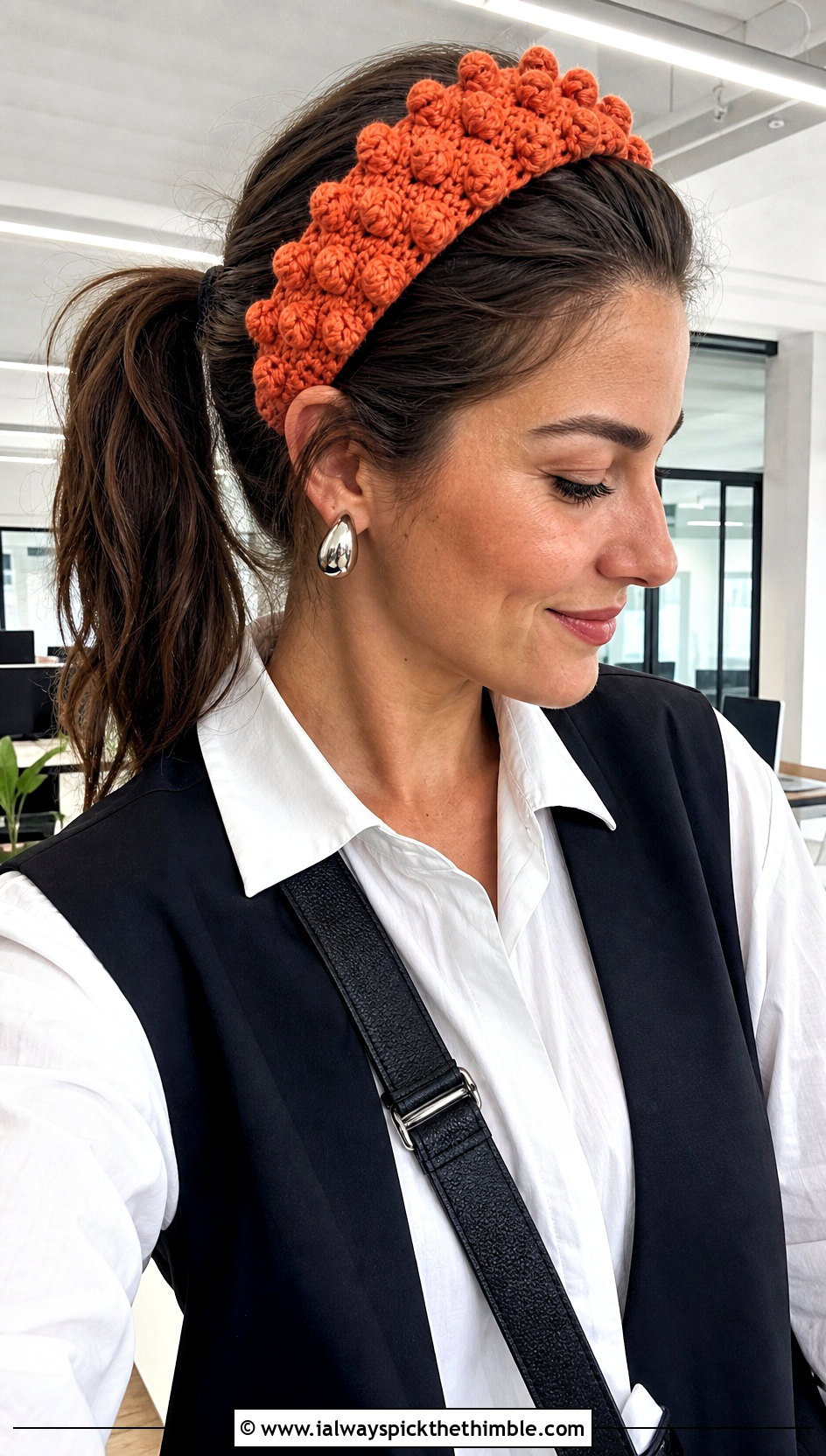 Bobble Stitch Crochet Ponytail Headband With Oversized Shirt - 20 crochet headband with ponytail hole outfit ideas