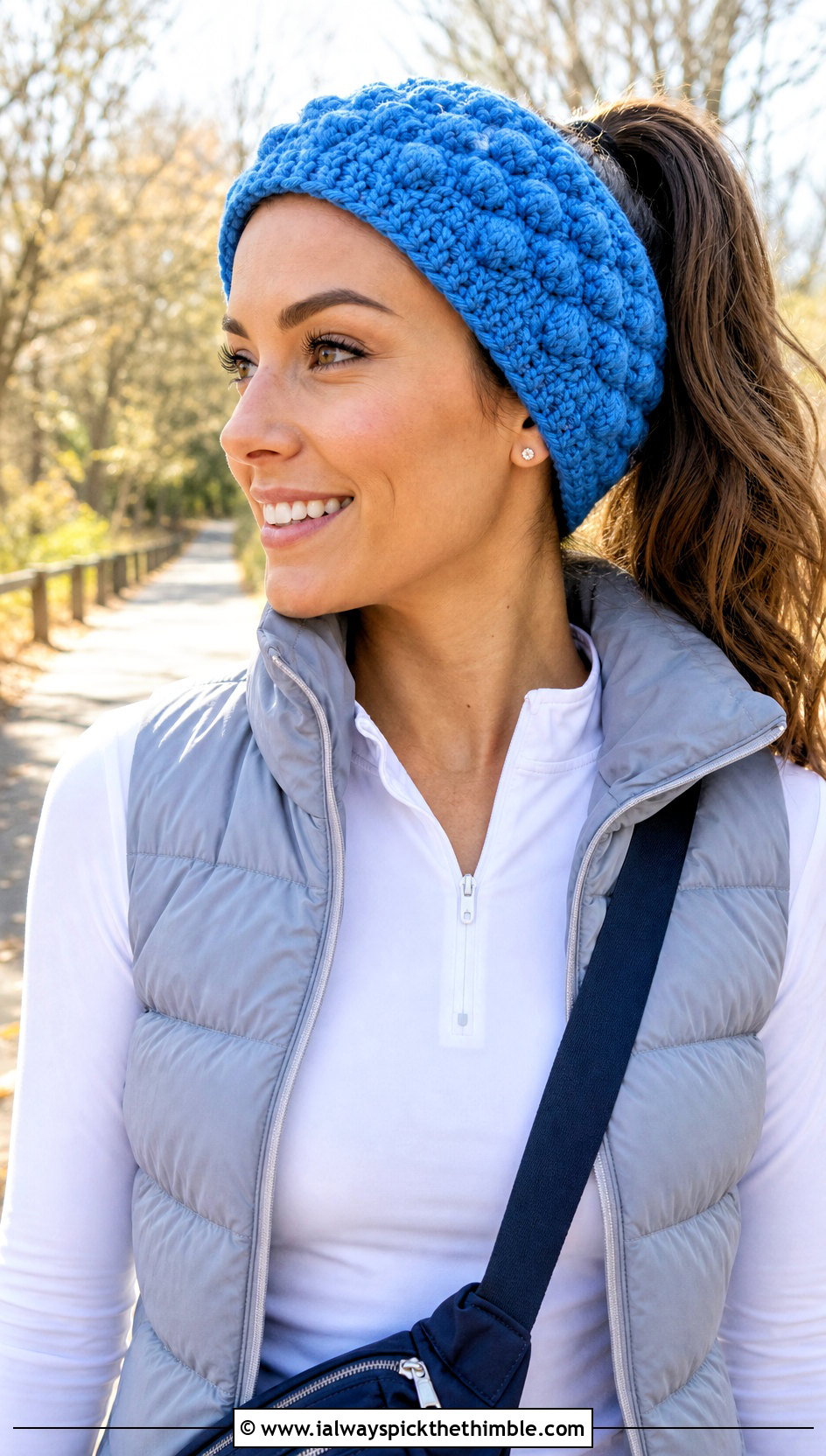 Bobble Stitch Crochet Ponytail Headband With Puffer Vest - 20 Crochet Ponytail Headband outfit ideas