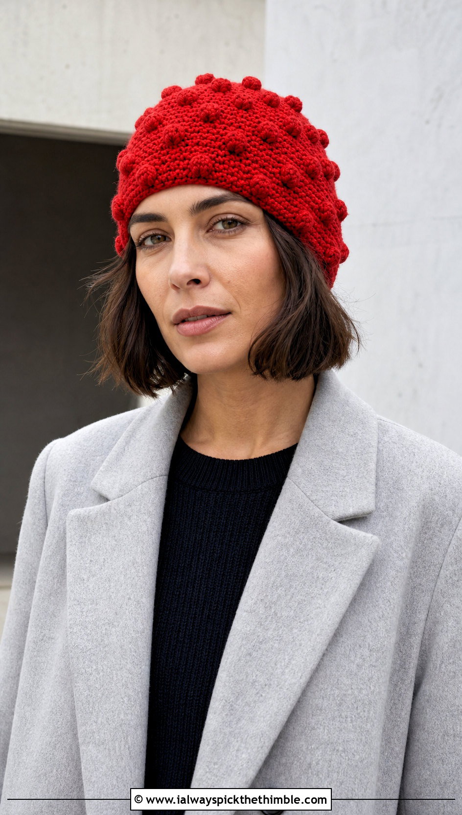 Bobble Stitch Crochet Rectangle Beanie With Minimalist Coat - 20 Crochet Rectangle Hat outfit ideas