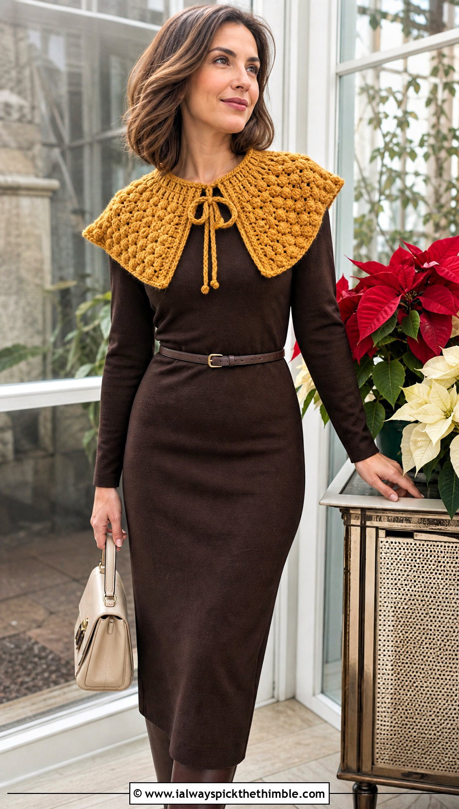 Bobble Stitch Crochet Sailor Collar With Knit Dress And Boots - 20 crochet sailor collar outfit ideas