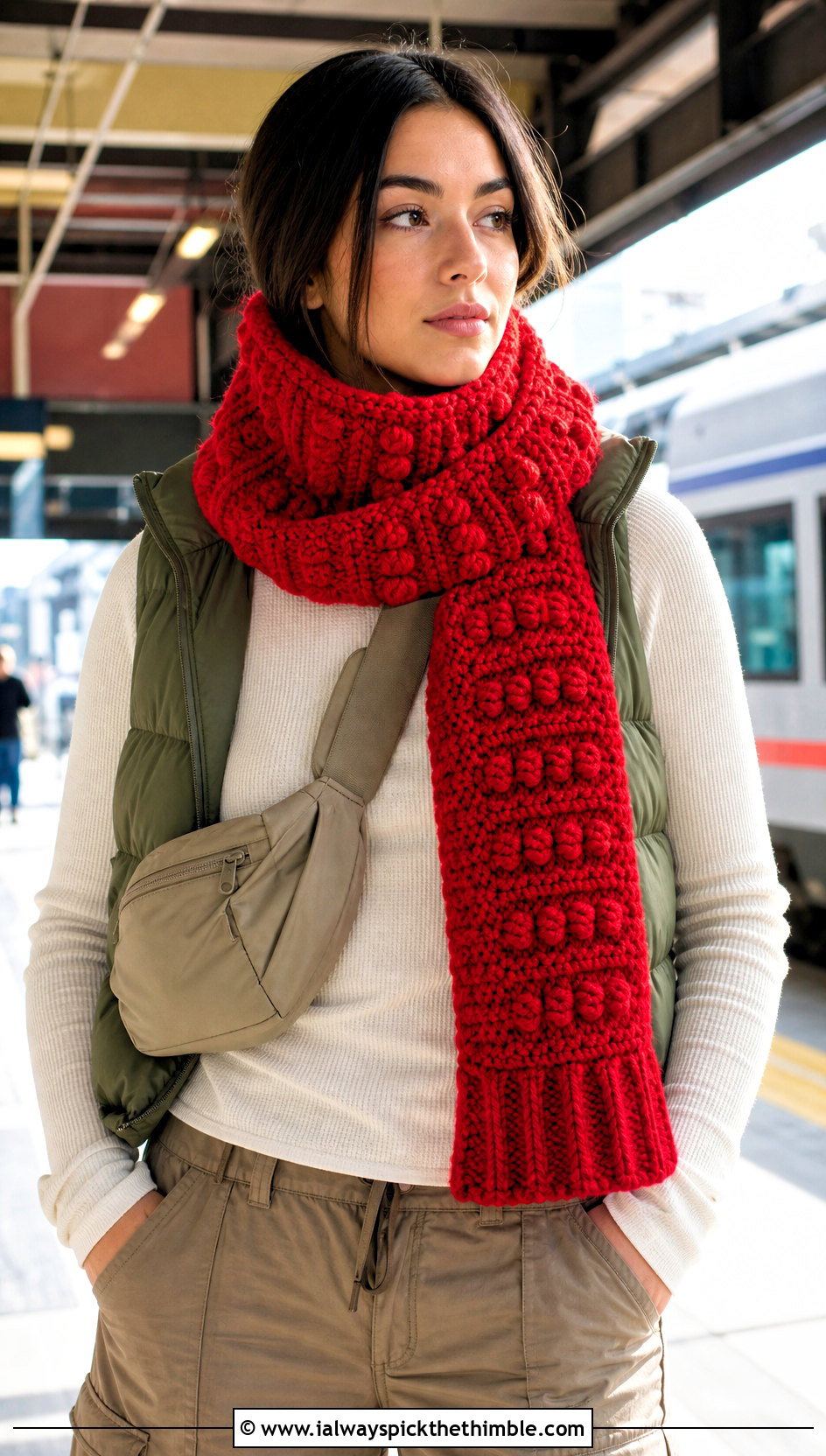 Bobble Stitch Crochet Sally Scarf With Puffer Vest And Cargo Pants - 20 Crochet Sally Scarf outfit ideas