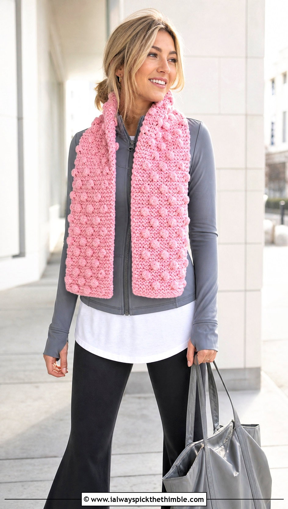Bobble Stitch Crochet Scarf With Athleisure - 20 easy crochet scarfs outfit ideas