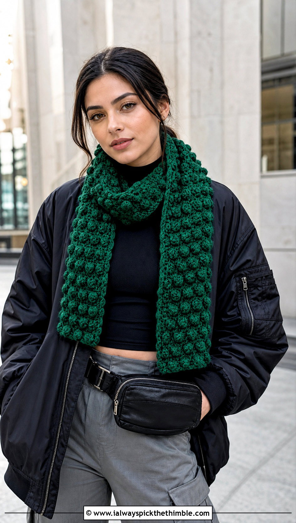 Bobble Stitch Crochet Scarf With Bomber Jacket - 25 beginner crochet scarf outfit ideas