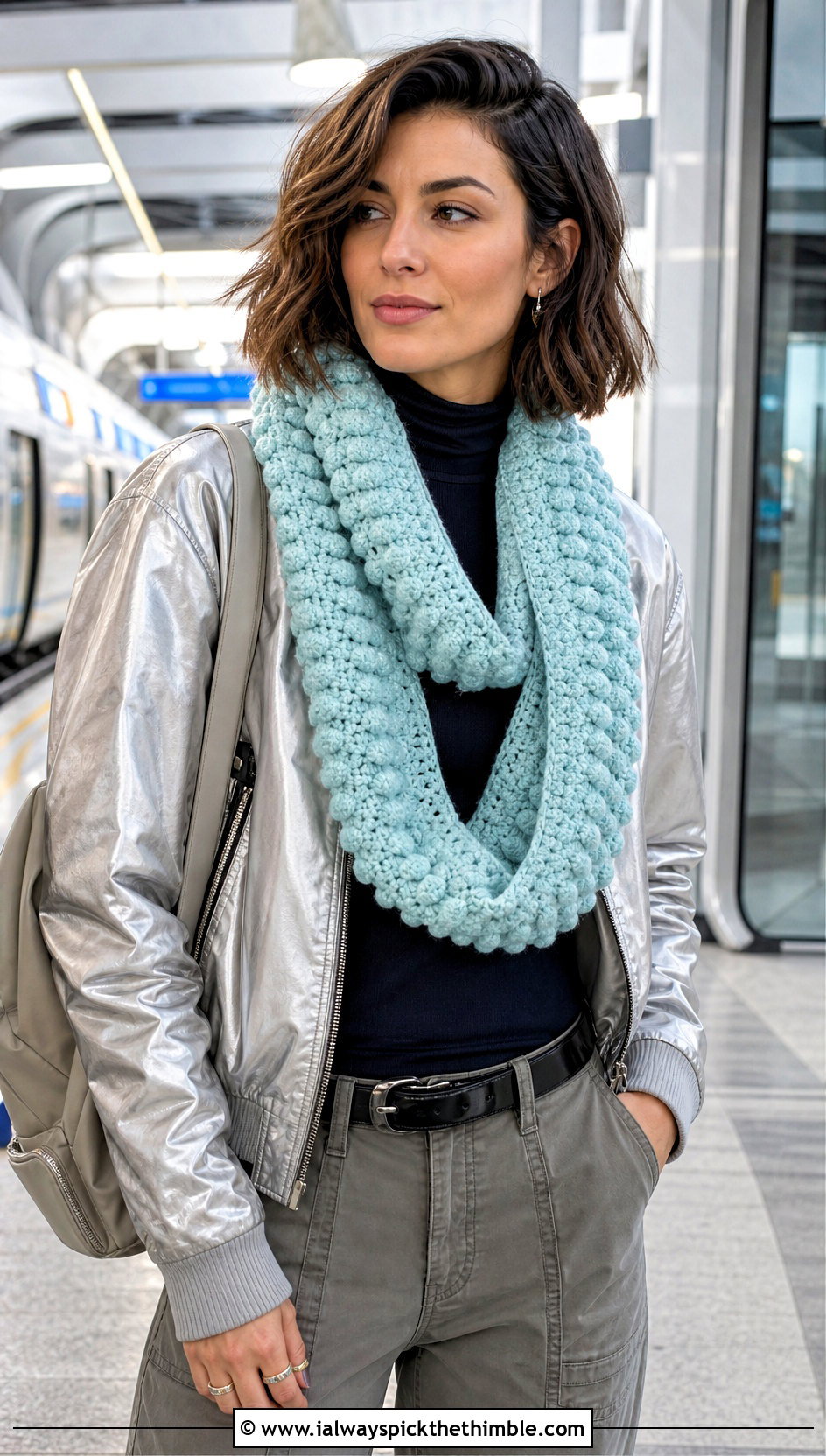Bobble Stitch Crochet Scarf With Bomber Jacket - 25 fun crochet scarf outfit ideas