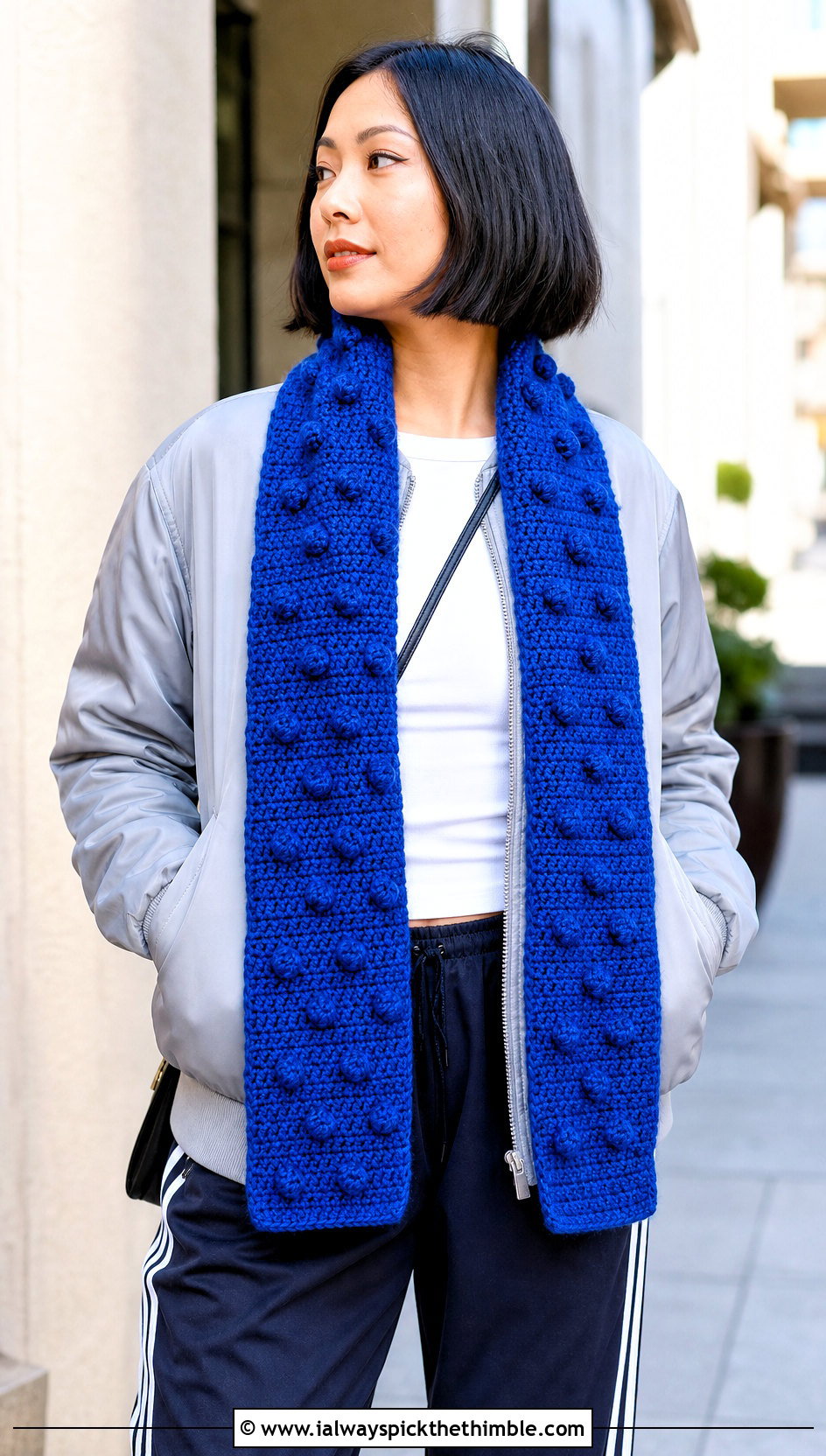 Bobble Stitch Crochet Scarf With Bomber Jacket - 20 Crochet Scarf Worsted Weight Yarn outfit ideas