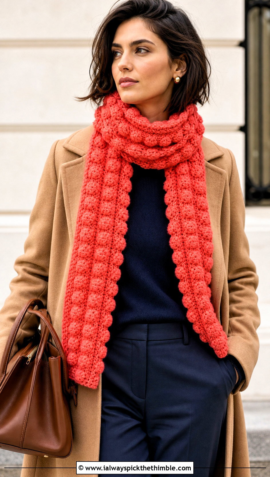 Bobble Stitch Crochet Scarf With Camel Coat And Navy Trousers - 20 one row repeat crochet scarf outfit ideas