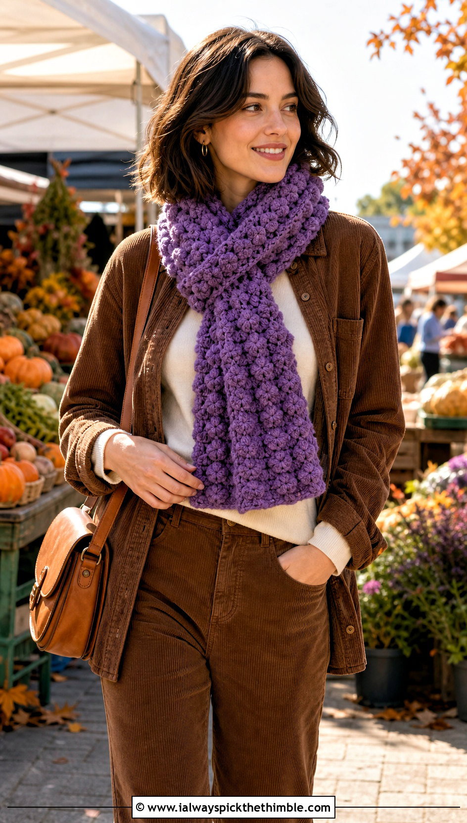 Bobble Stitch Crochet Scarf With Corduroy Outfit - 25 quick crochet scarf outfit ideas