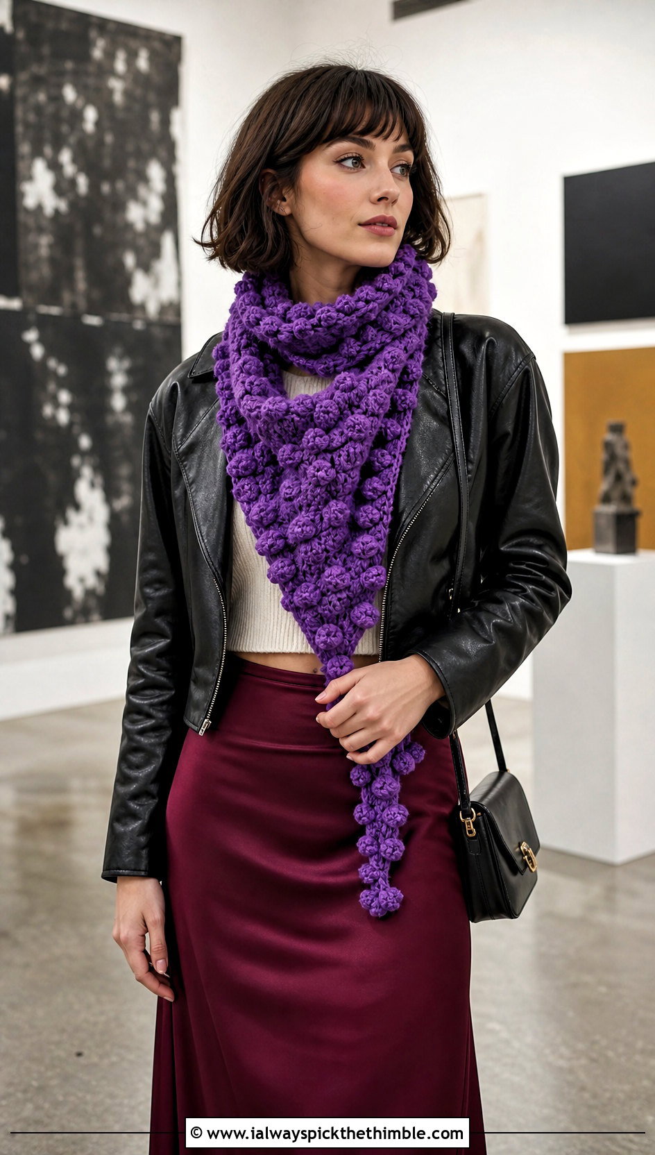 Bobble Stitch Crochet Scarf With Leather Jacket - 15 Textured Crochet Scarf Design outfit ideas