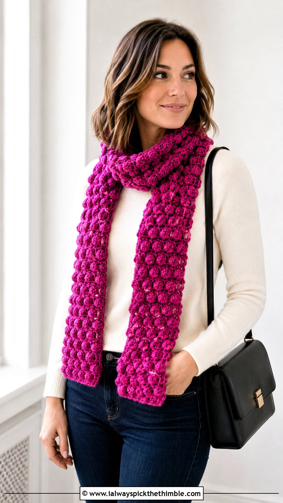 Bobble Stitch Crochet Scarf With Minimalist Basics - 25 easy crochet scarf for beginners outfit ideas