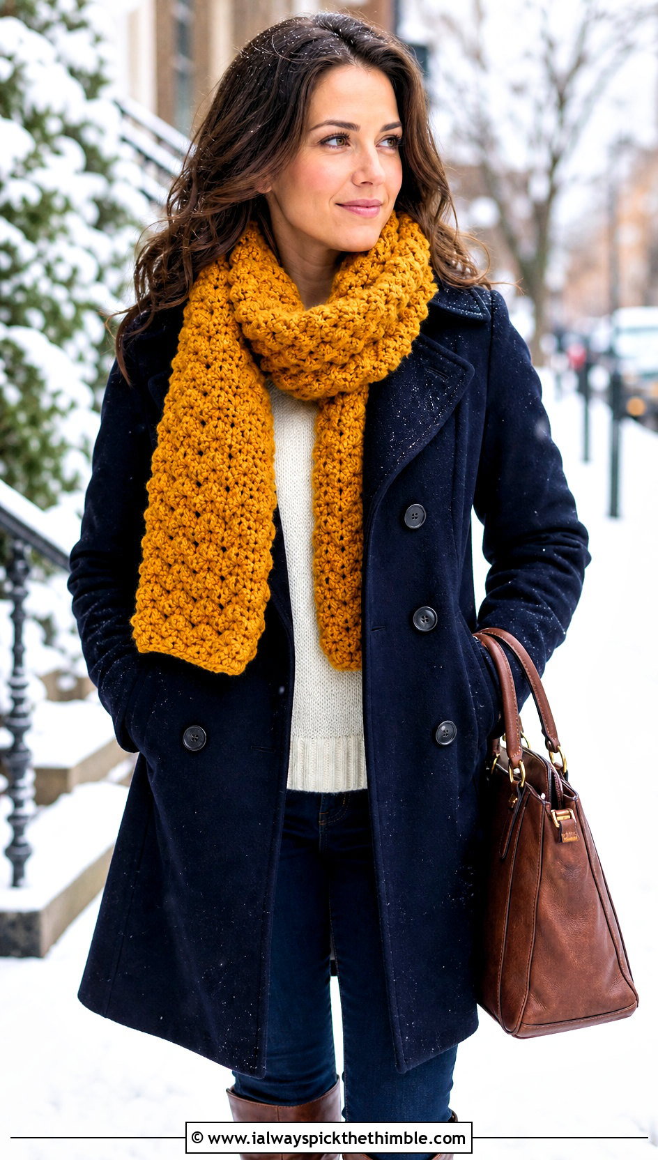 Bobble Stitch Crochet Scarf With Peacoat And Boots - 20 Quick And Easy Crochet Scarf outfit ideas