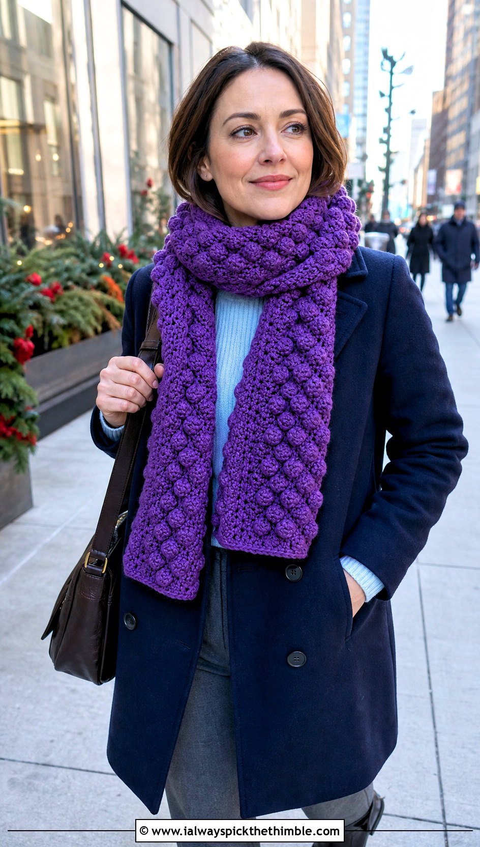 Bobble Stitch Crochet Scarf With Peacoat - 20 Crochet Fun Scarf outfit ideas