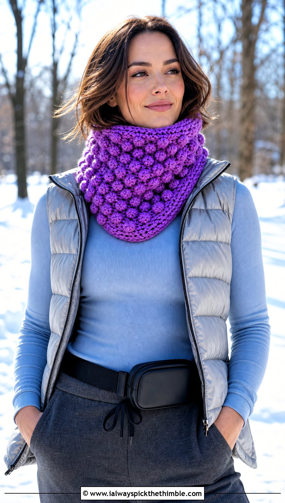 Bobble Stitch Crochet Scarf With Puffer Vest And Joggers - 15 Small Neck Crochet Scarf outfit ideas