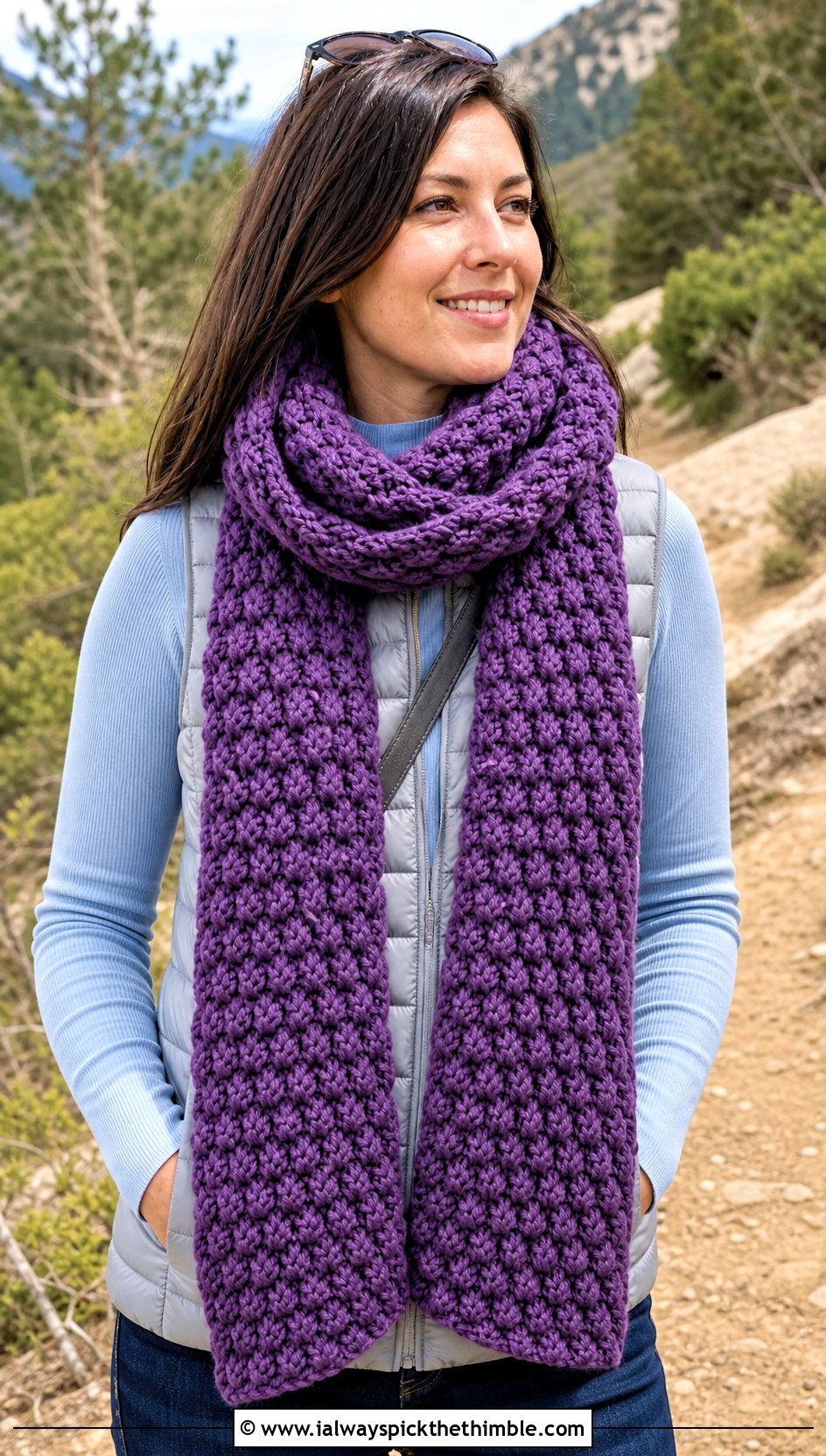 Bobble Stitch Crochet Scarf With Puffer Vest - 20 boho crochet scarf outfit ideas