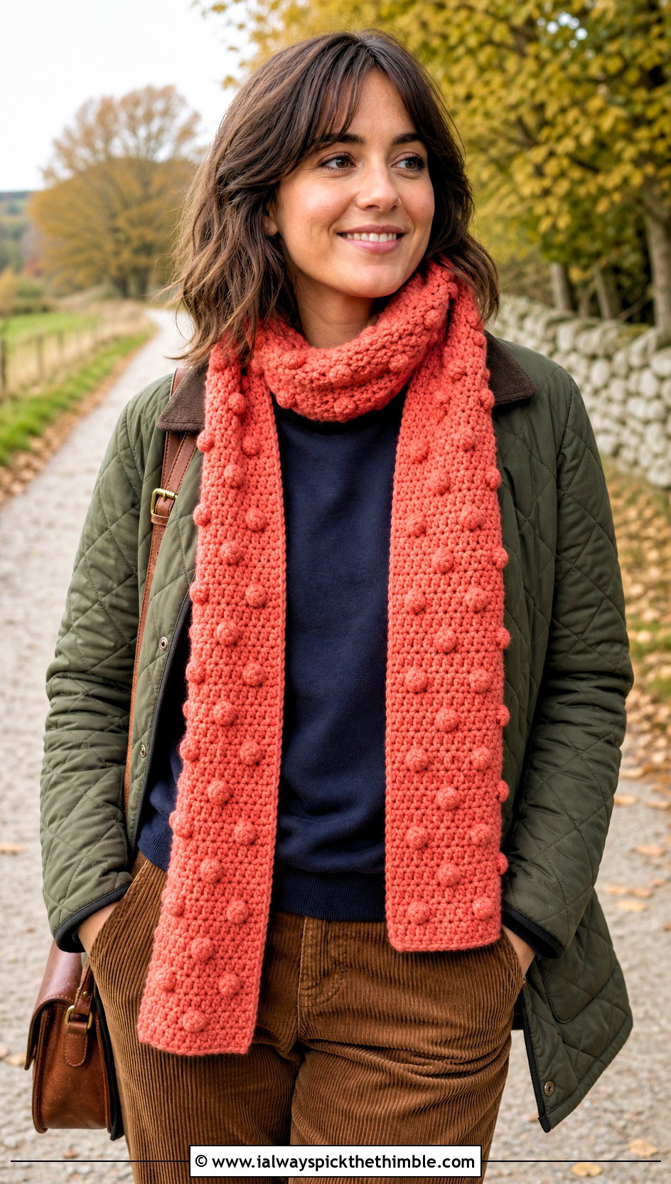 Bobble Stitch Crochet Scarf With Quilted Jacket - 20 Beautiful Crochet Scarf outfit ideas