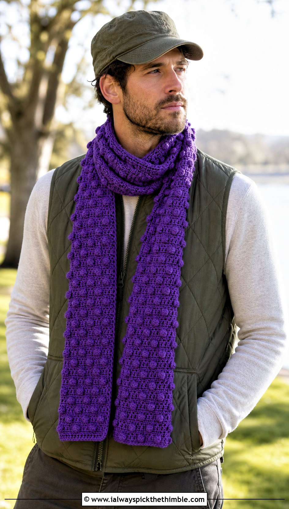 Bobble Stitch Crochet Scarf With Quilted Vest - 20 male crochet scarf outfit ideas