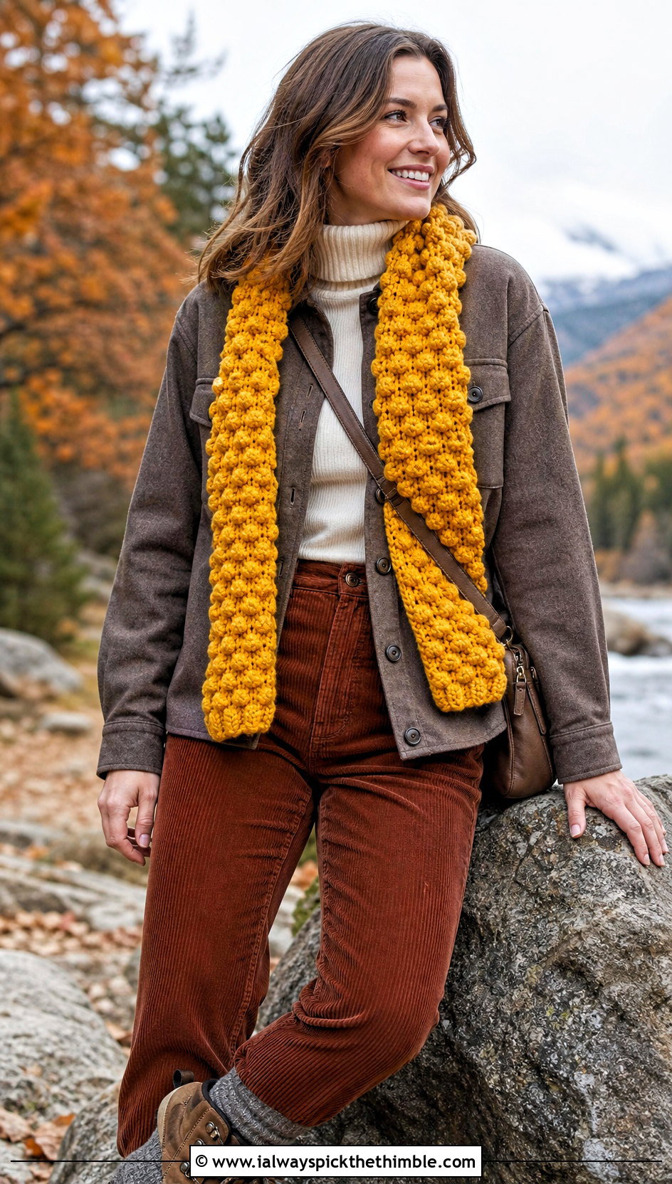 Bobble Stitch Crochet Scarf With Shacket and Corduroy Pants - 25 fall crochet scarf outfit ideas