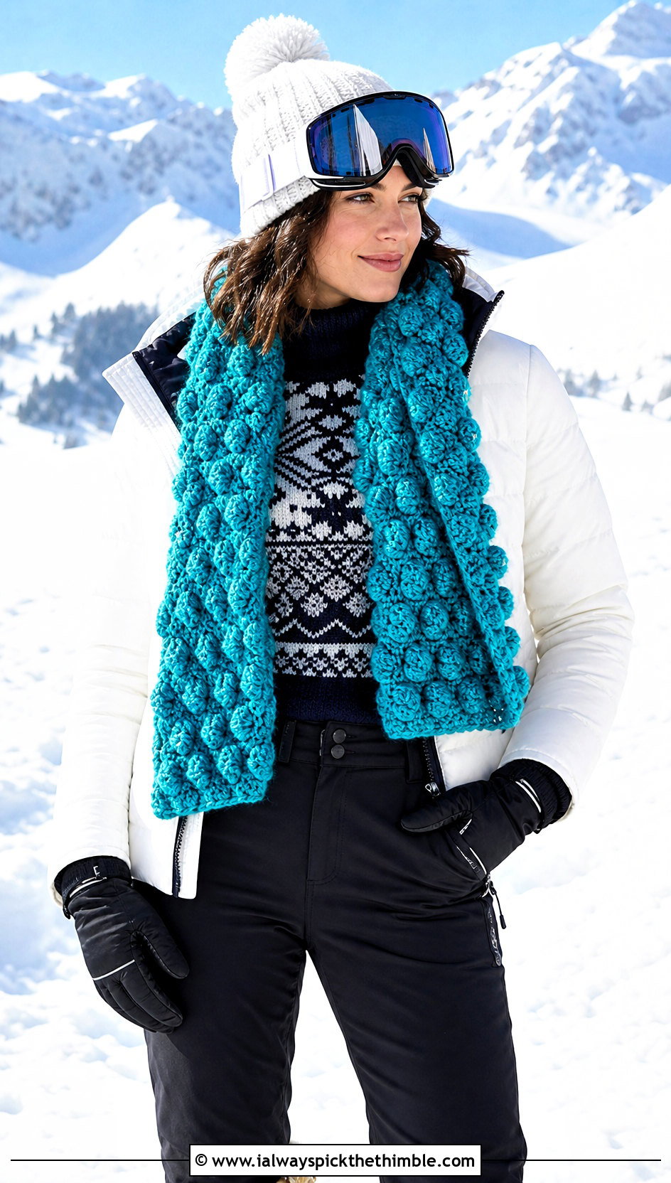 Bobble Stitch Crochet Scarf With Ski Sweater And Snow Pants - 15 Winter Crochet Scarf Design outfit ideas