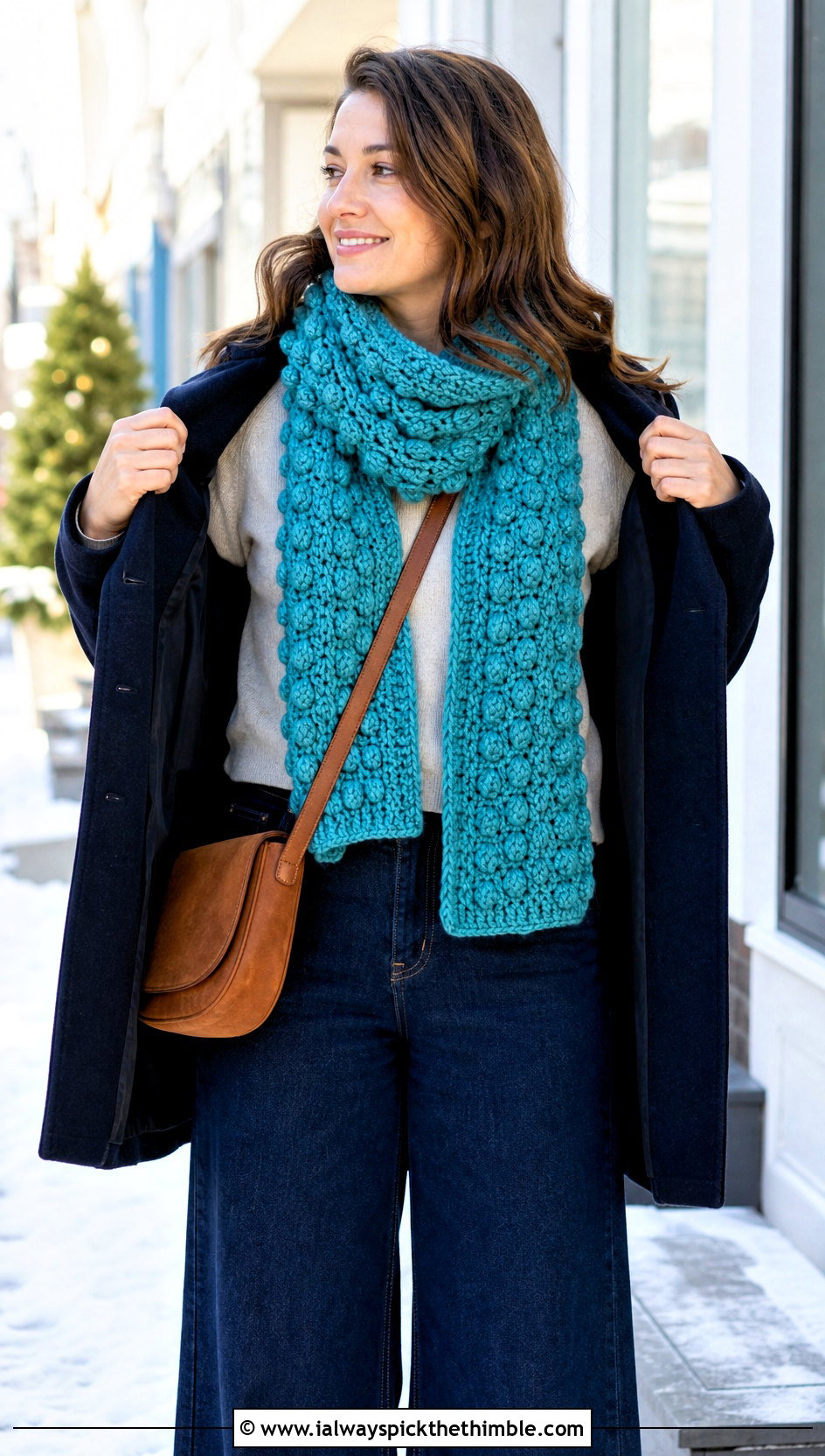Bobble Stitch Crochet Scarf With Sweater And Jeans - 20 unique crochet scarf outfit ideas