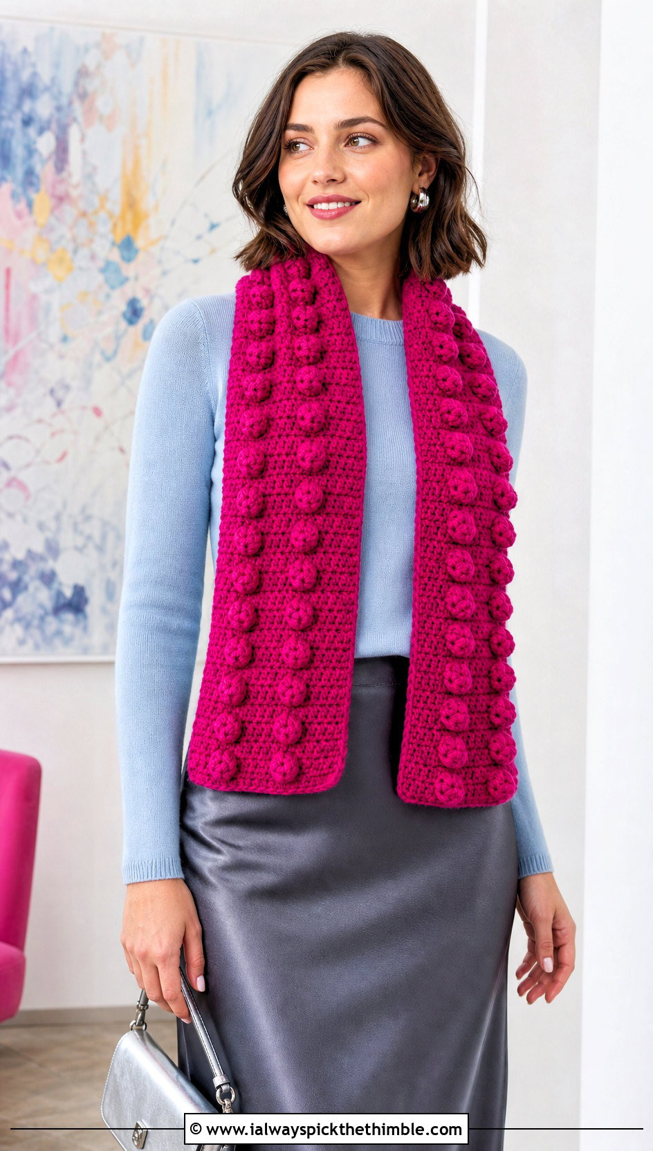 Bobble Stitch Crochet Scarf With Sweater And Satin Skirt - 15 Vibrant Crochet Scarf outfit ideas