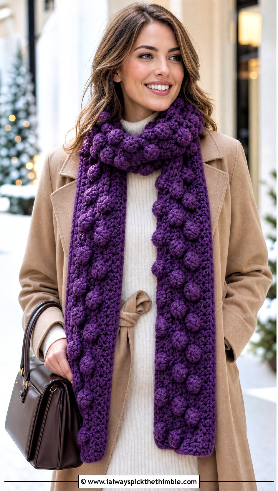 Bobble Stitch Crochet Scarf With Sweater Dress - 20 Crochet Scarf For Beginners outfit ideas