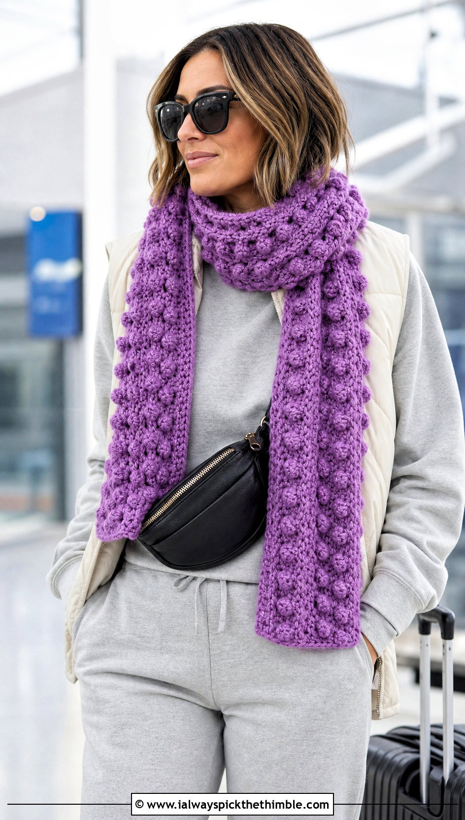 Bobble Stitch Crochet Scarf With Sweatshirt And Joggers - 25 easy crochet scarf outfit ideas