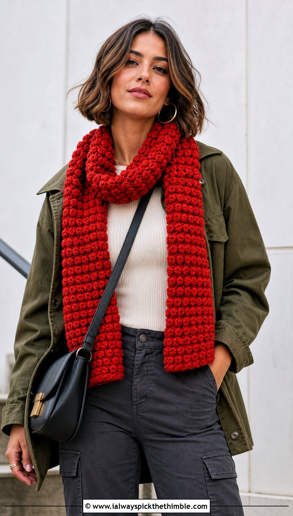 Bobble Stitch Crochet Scarf With Utility Jacket And Cargo Pants - 15 elegant crochet scarf design outfit ideas