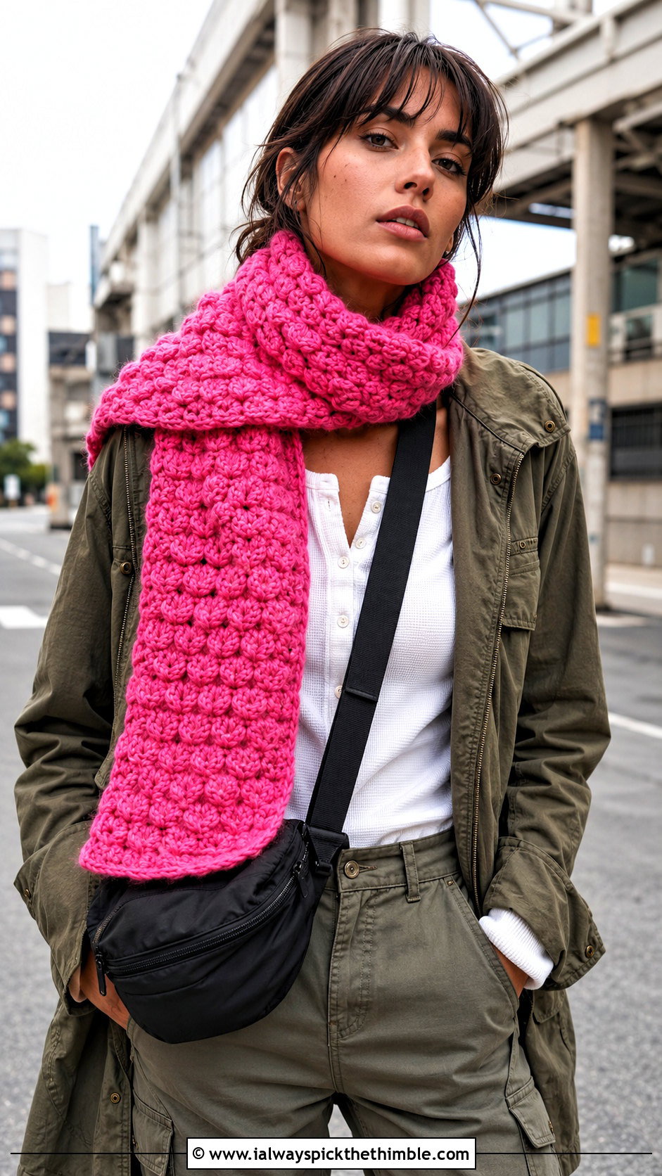Bobble Stitch Crochet Scarf With Utility Jacket - 25 crochet winter scarf outfit ideas