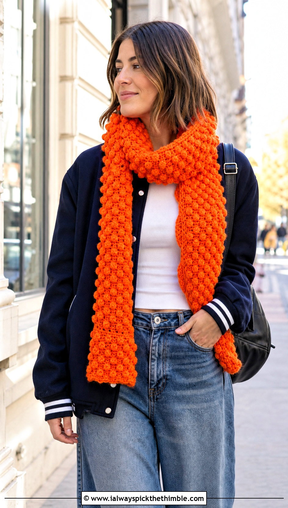 Bobble Stitch Crochet Scarf With Varsity Jacket - 25 Winter Crochet Scarf outfit ideas